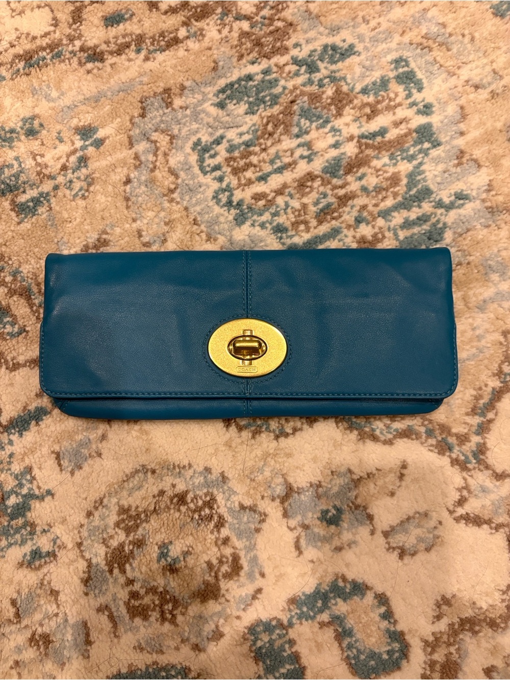 Coach Teal Leather Clutch with Gold Turn-Lock